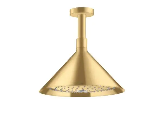 Deckenmontierte Kopfbrause in konischer Form mit brushed goldfarbener Oberfläche und zwei Strahlarten. Produkt von AXOR.